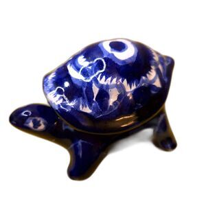 Terracotta Mexican Pottery Artist Sign Vintage Mini Blue Turtle Hand-painted Box